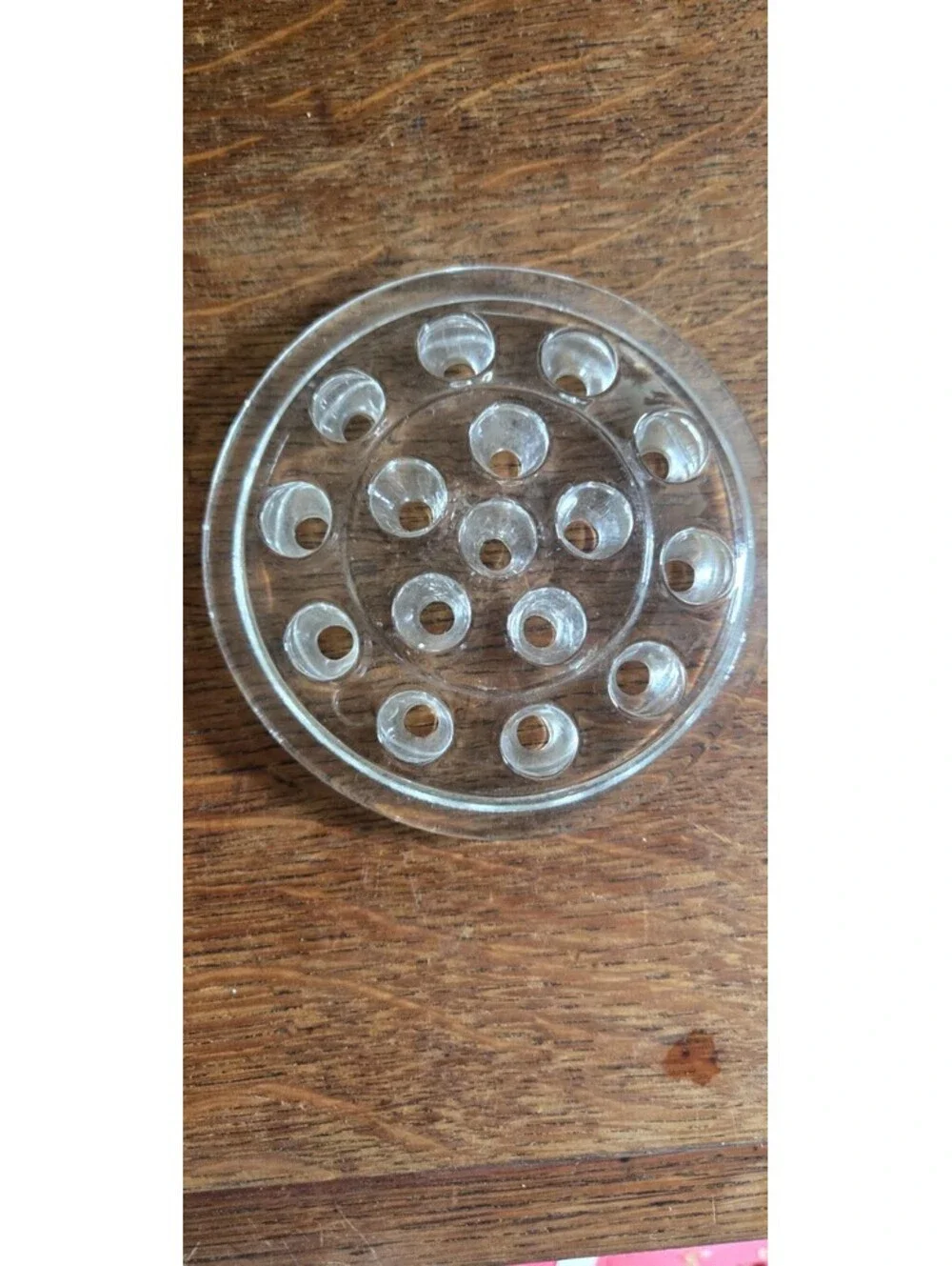 Vintage Clear Round Glass 16 Hole Flower Frog Flowers Arrangements Holder 5”